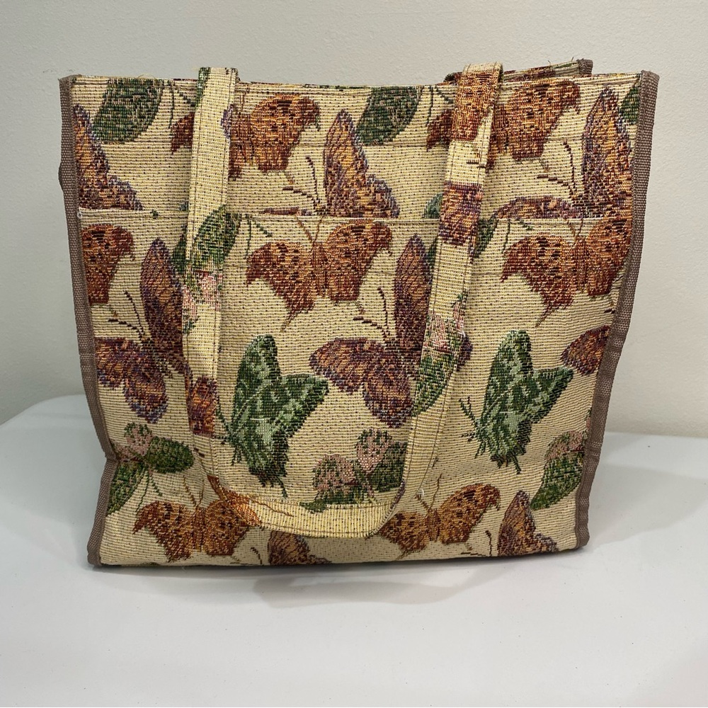 Vintage 80s Tapestry Butterfly Tote Shoulder Bag Purse Zip Pockets